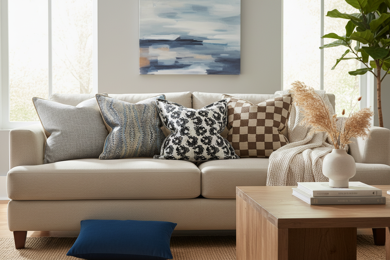 Pillows styled on sofa